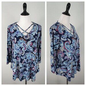 Chicos Blue Pink Paisley V-Neck Morning Mist Caged Stretch Top Sz 0 Small 4